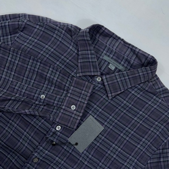 John Varvatos NWT Mens Button Down Shirt XXL Iron Grey Purple Plaid Cotton